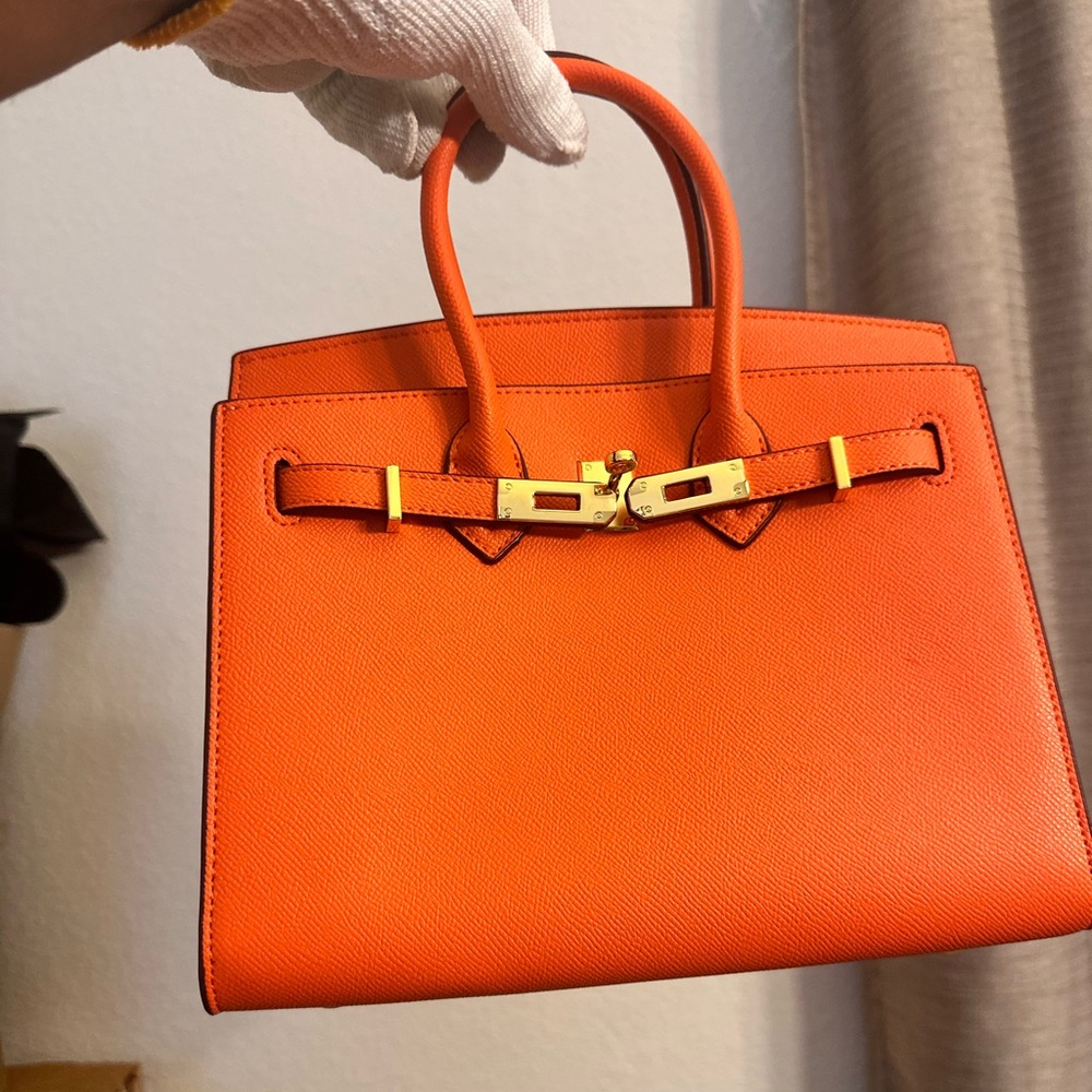 Orange Top Handle Leather Handbag with Gold Hardware - Picture 8 of 9